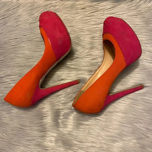 Penny Loves Kenny Pink & Orange Suede with Gold Beaded Top Accent Heels - Picture 8 of 12